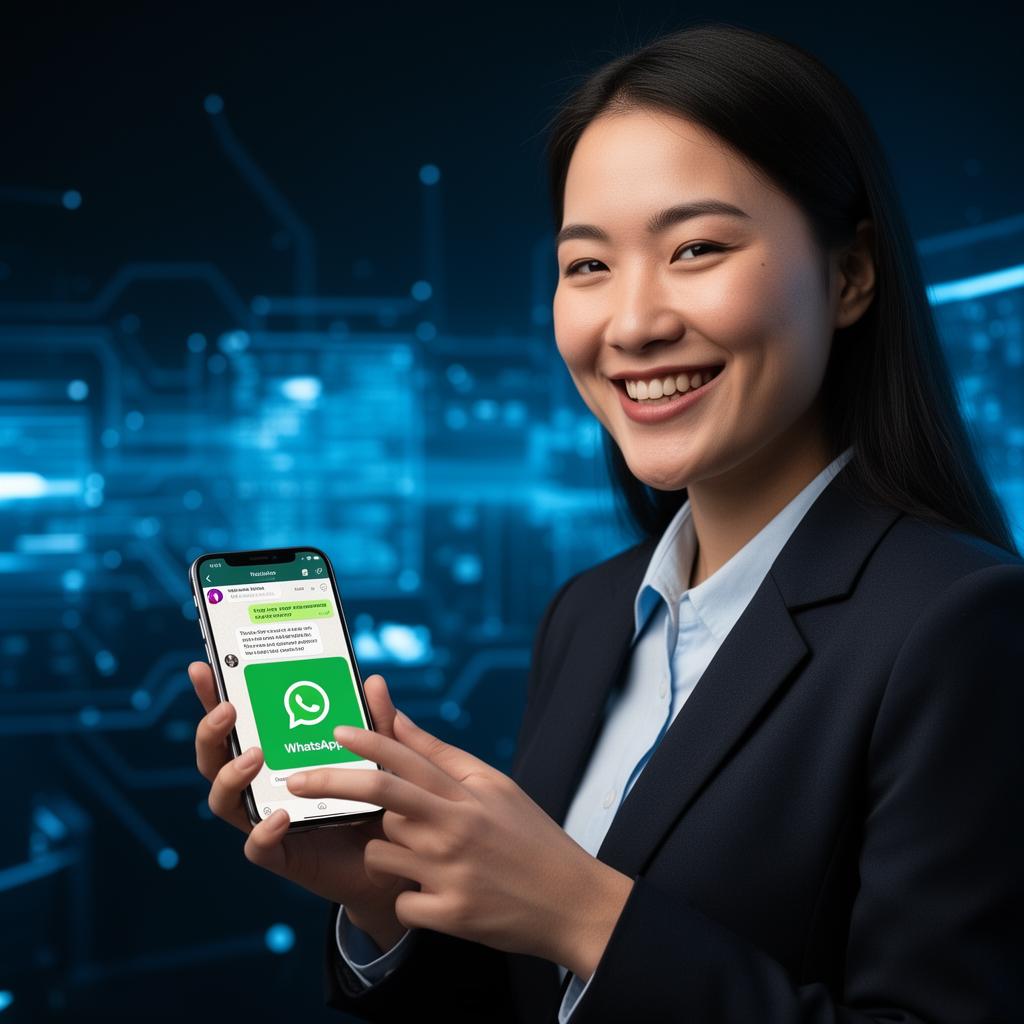 Atendente sorrindo usando WhatsApp Business no celular